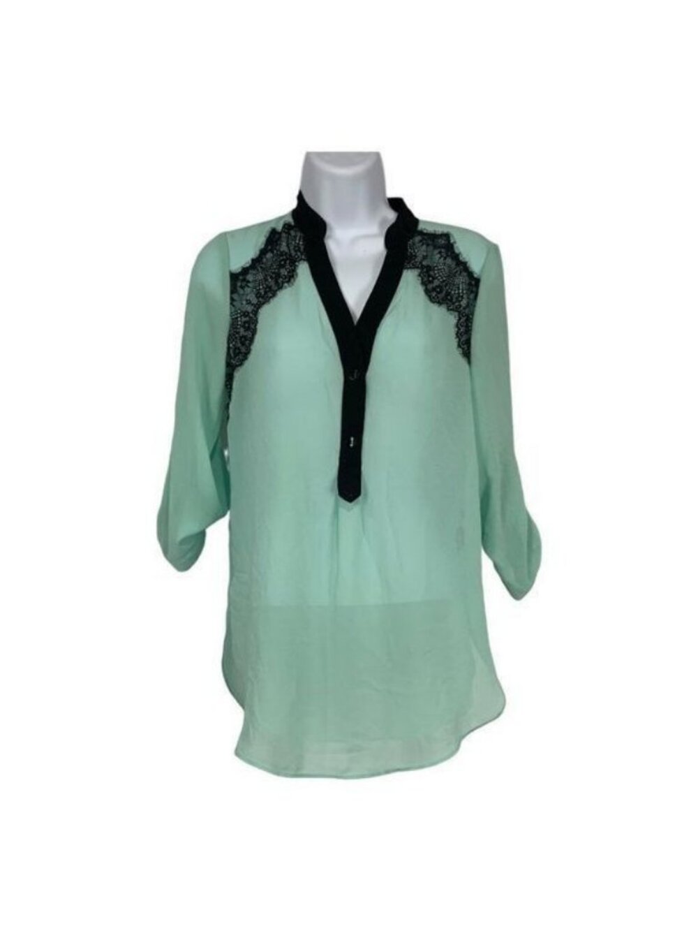 Iz Byer XS Mint Green & Black Blouse Lace Detail Sheer Lightweight Button-Up Top